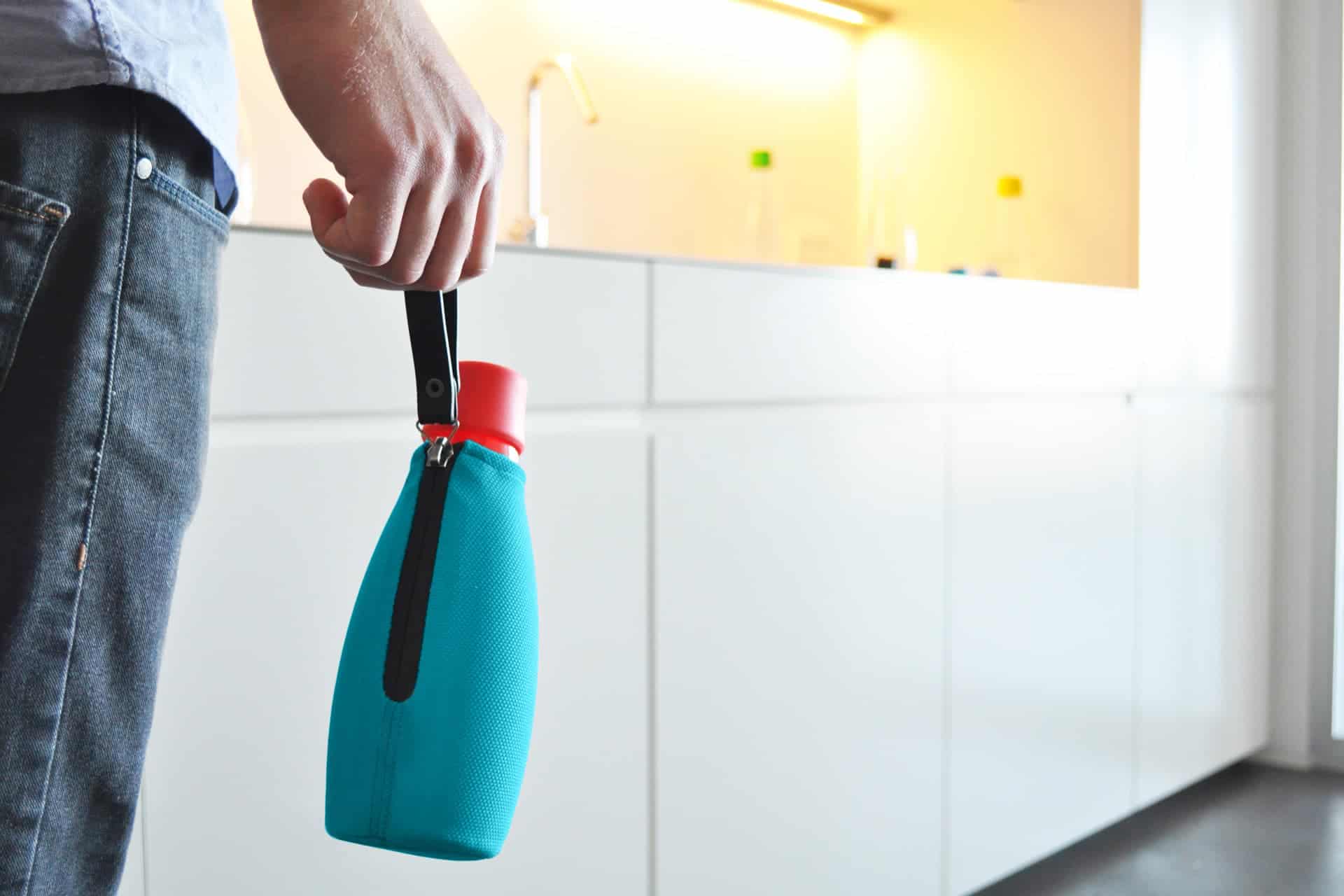 reusable water bottle held in a pouch
